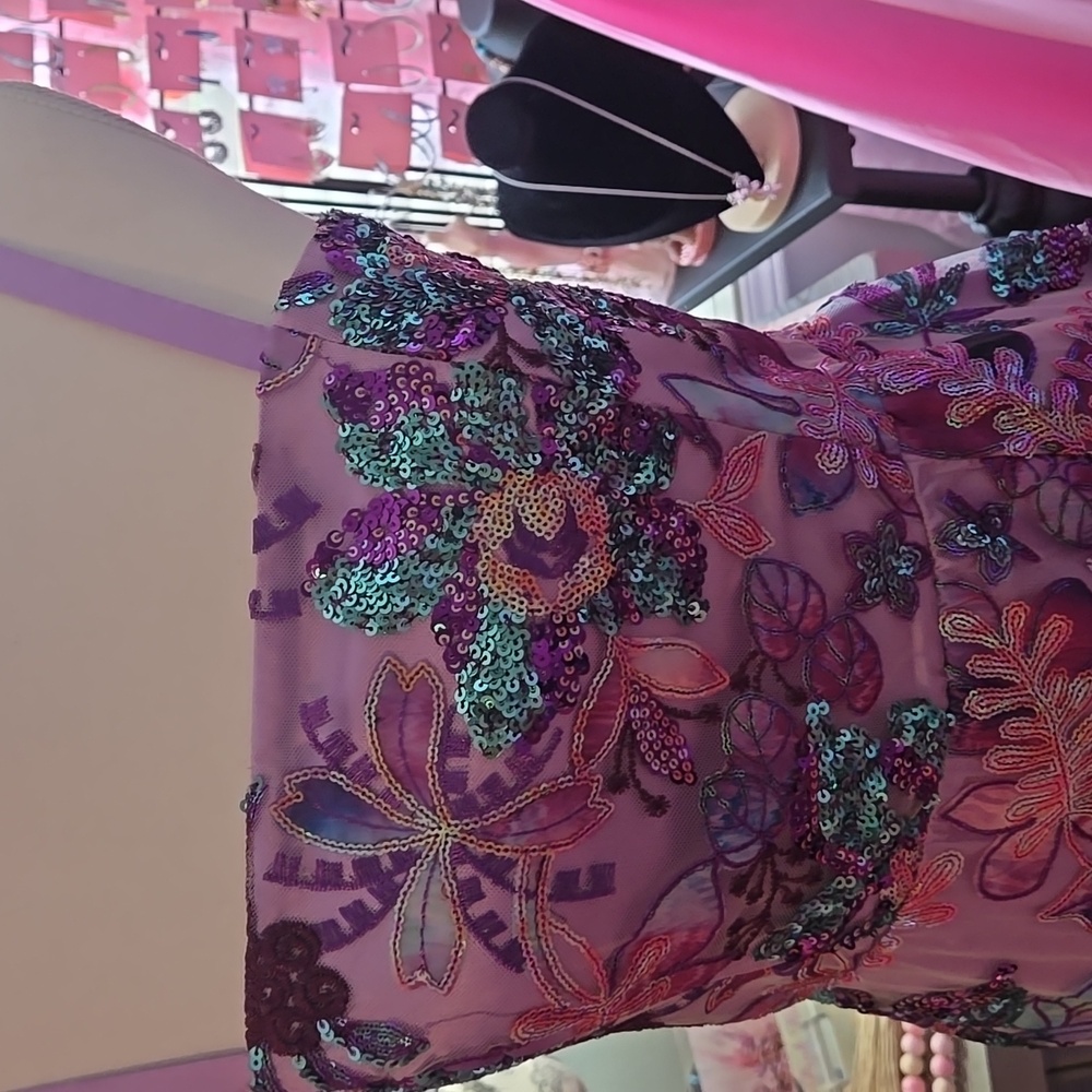 Boston Proper Floral Embroided Mesh Applique Ruffle Slit Midi Purple Dress - Picture 3 of 17